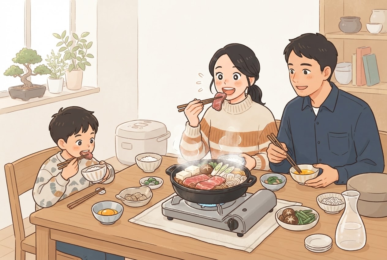 和牛セレブのすき焼きを食べて驚く女性のイラスト