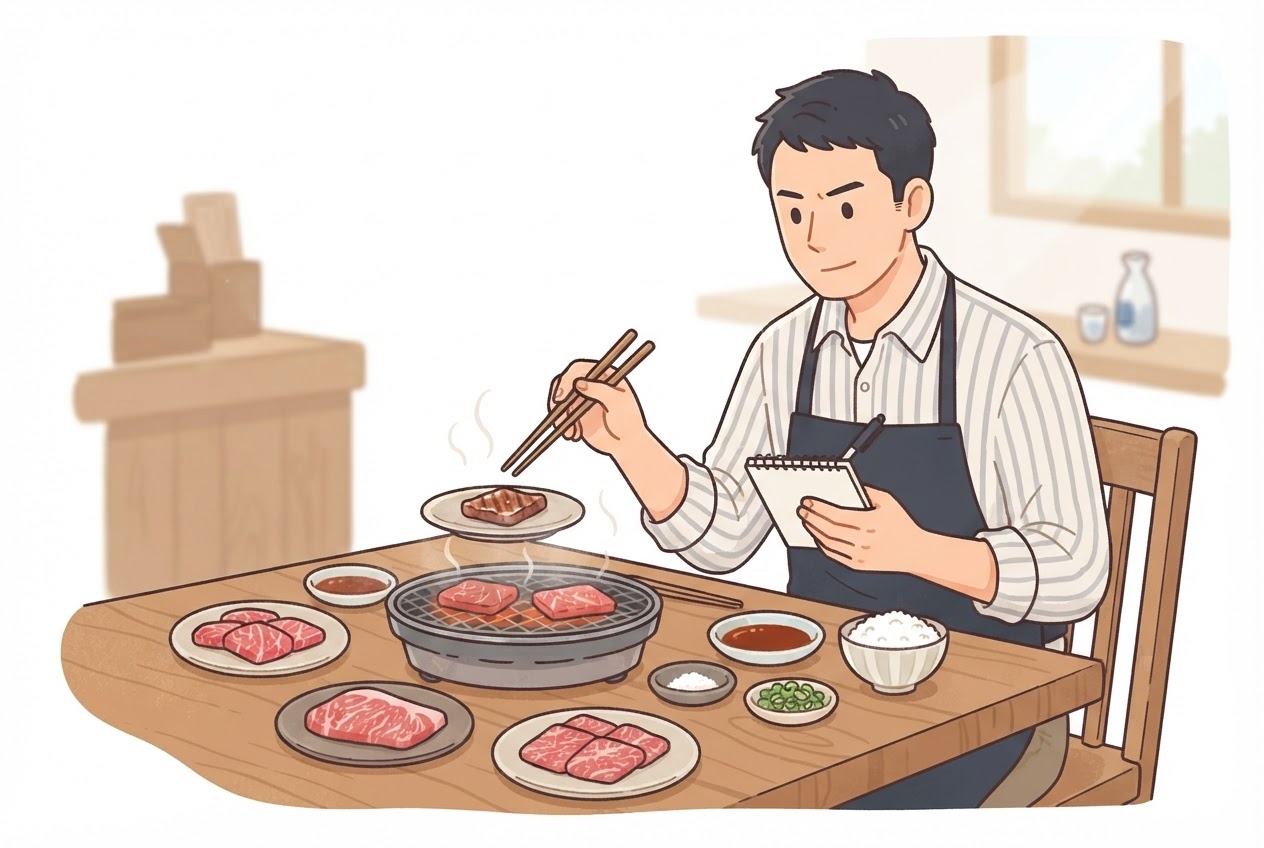 和牛セレブの部位を食べ比べる男性のイラスト