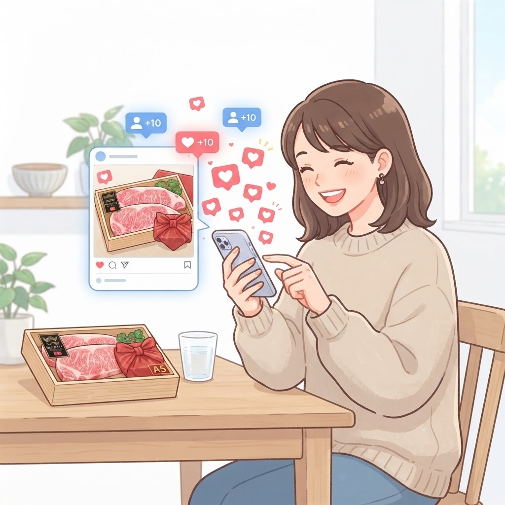 和牛セレブの感想をSNSに投稿する女性のイラスト