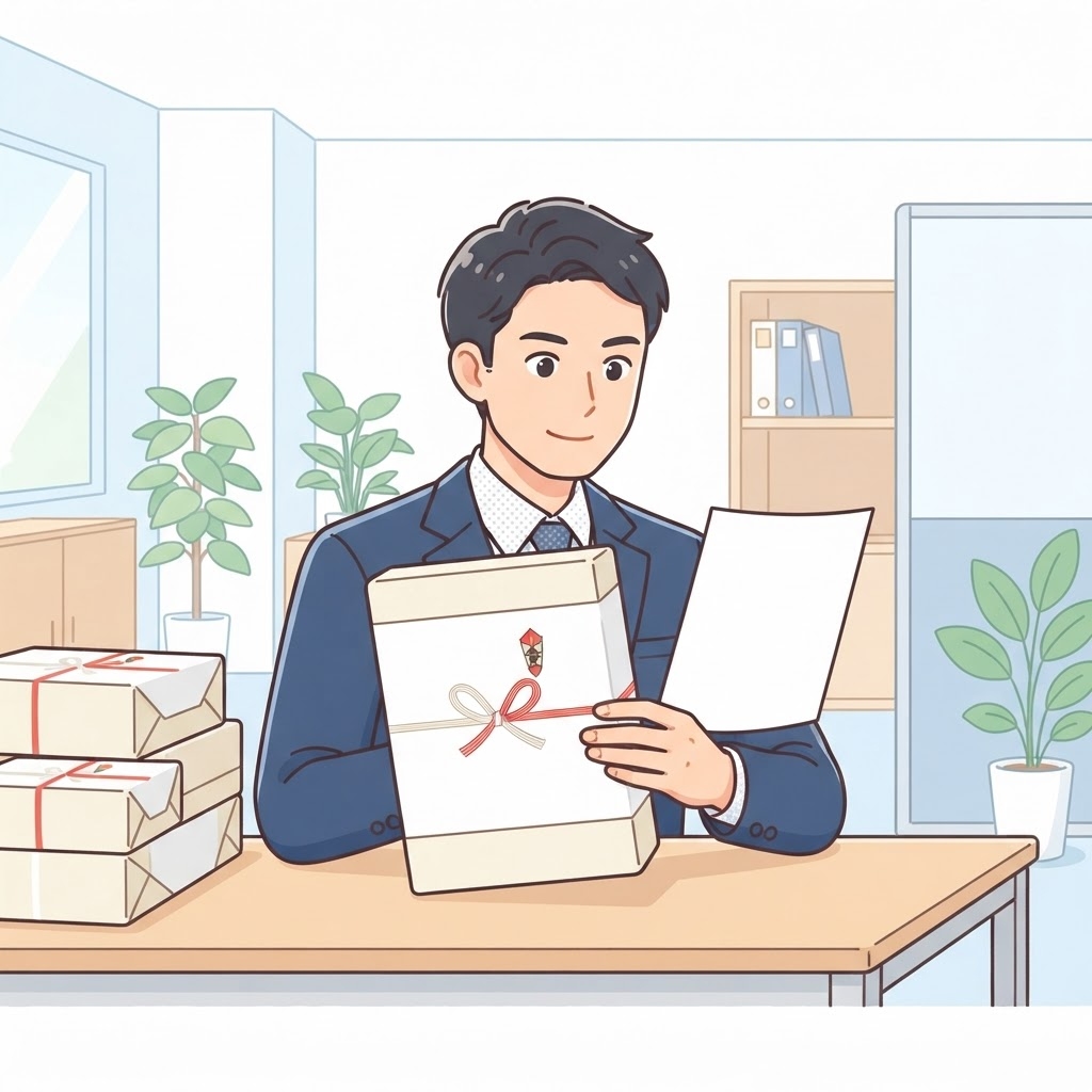 お歳暮ののしを確認するビジネスマンのイラスト