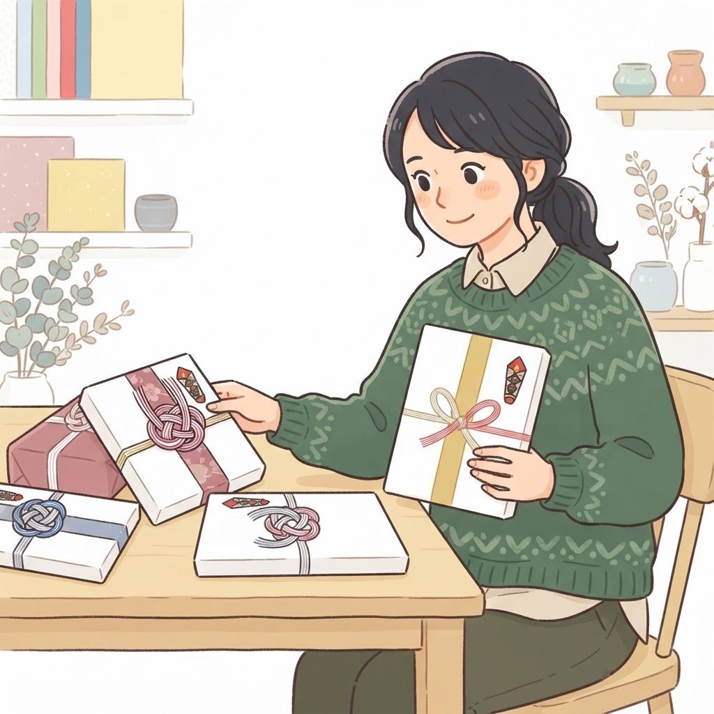 内祝いののし紙マナーを確認する女性のイラスト