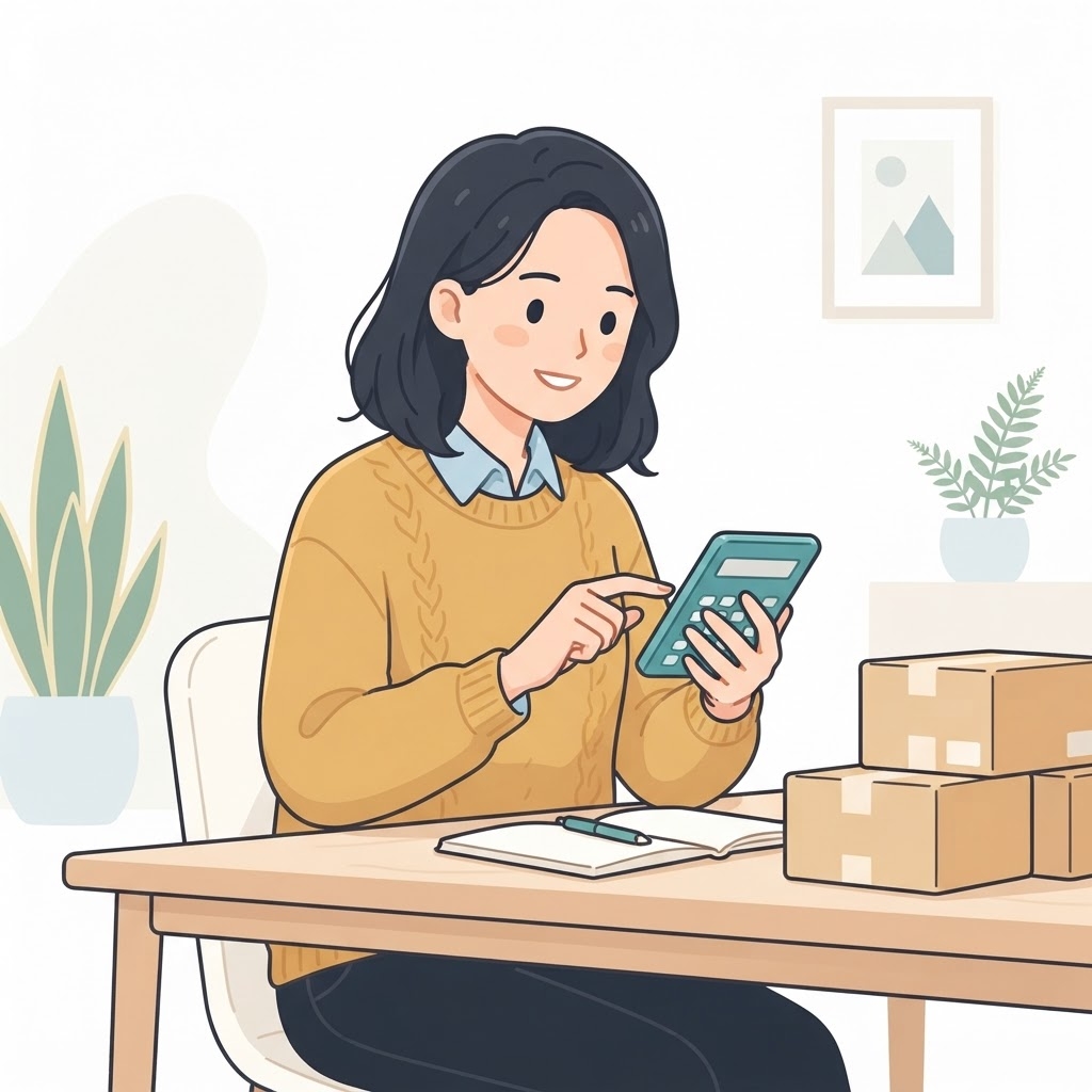 和牛セレブの送料込み価格を計算する女性のイラスト