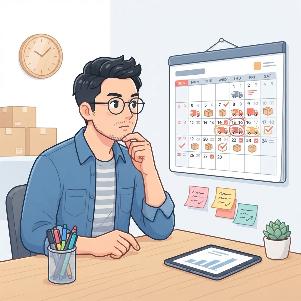 和牛セレブの配送タイミングを確認する男性のイラスト