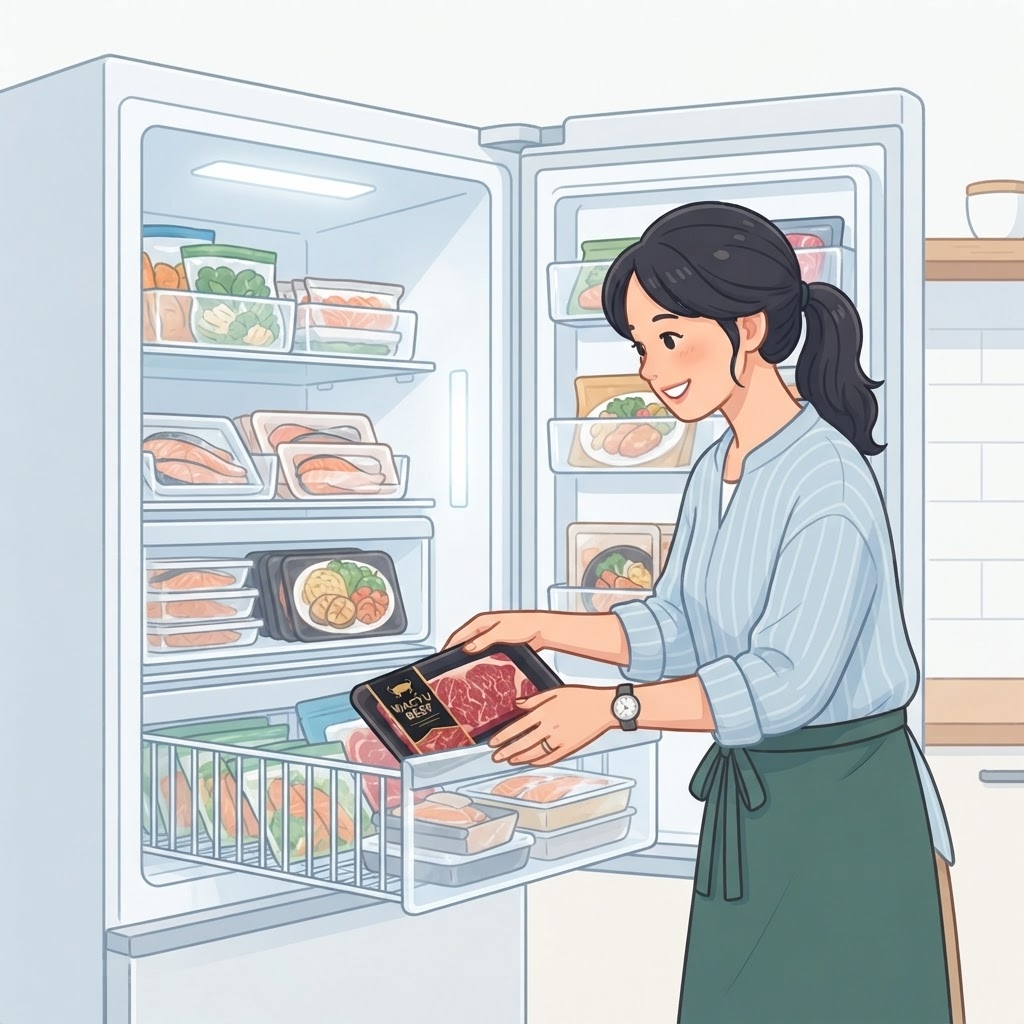 和牛セレブの保管スペースを確保する女性のイラスト