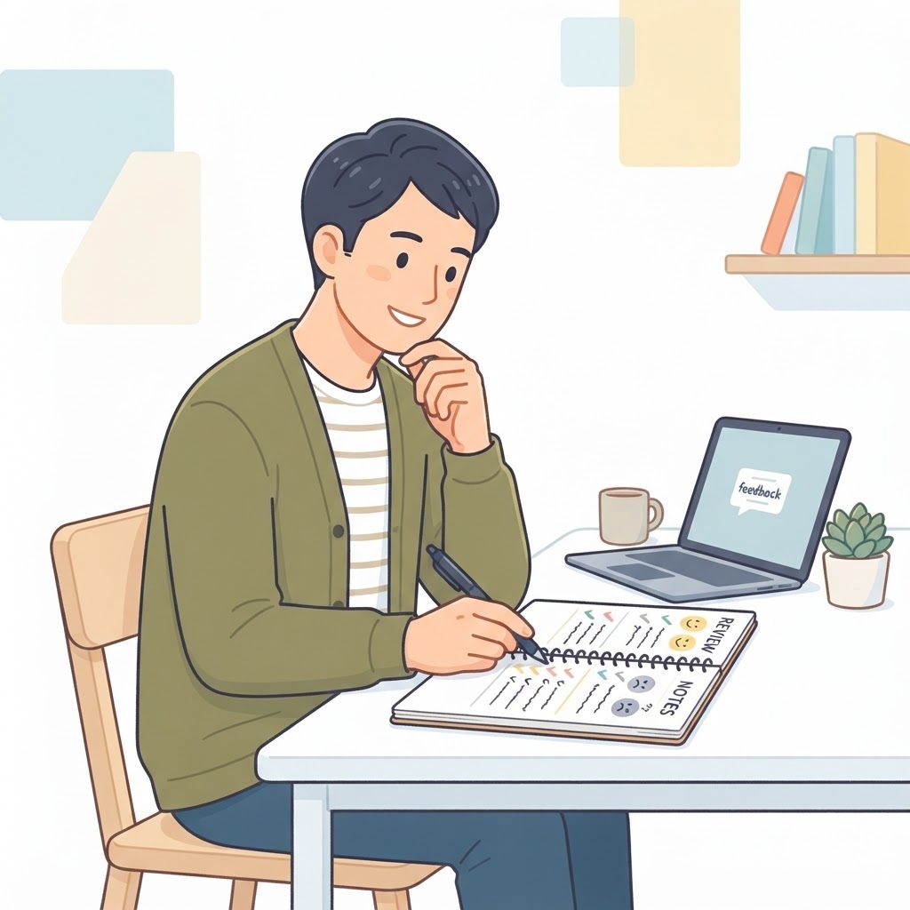 和牛セレブの口コミを整理する男性のイラスト