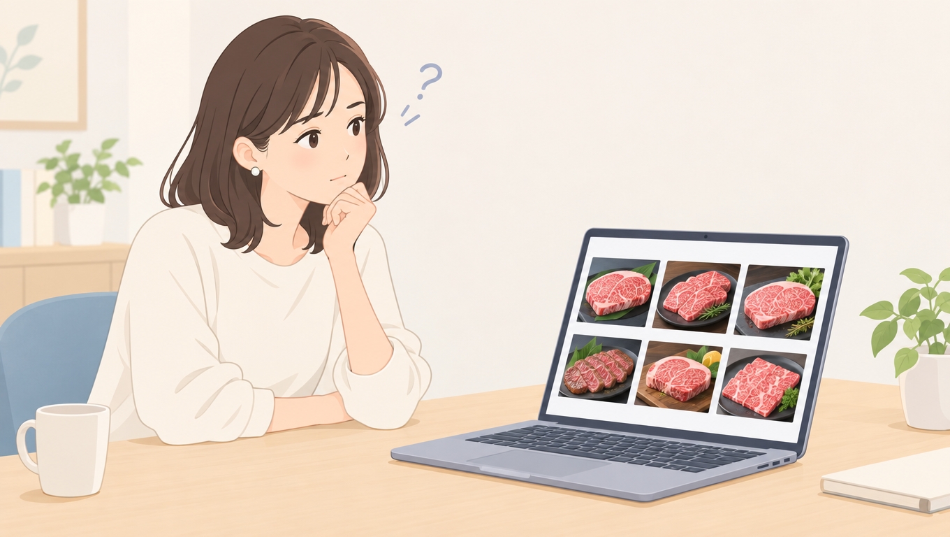 ふるさと納税の和牛返礼品を見比べる女性