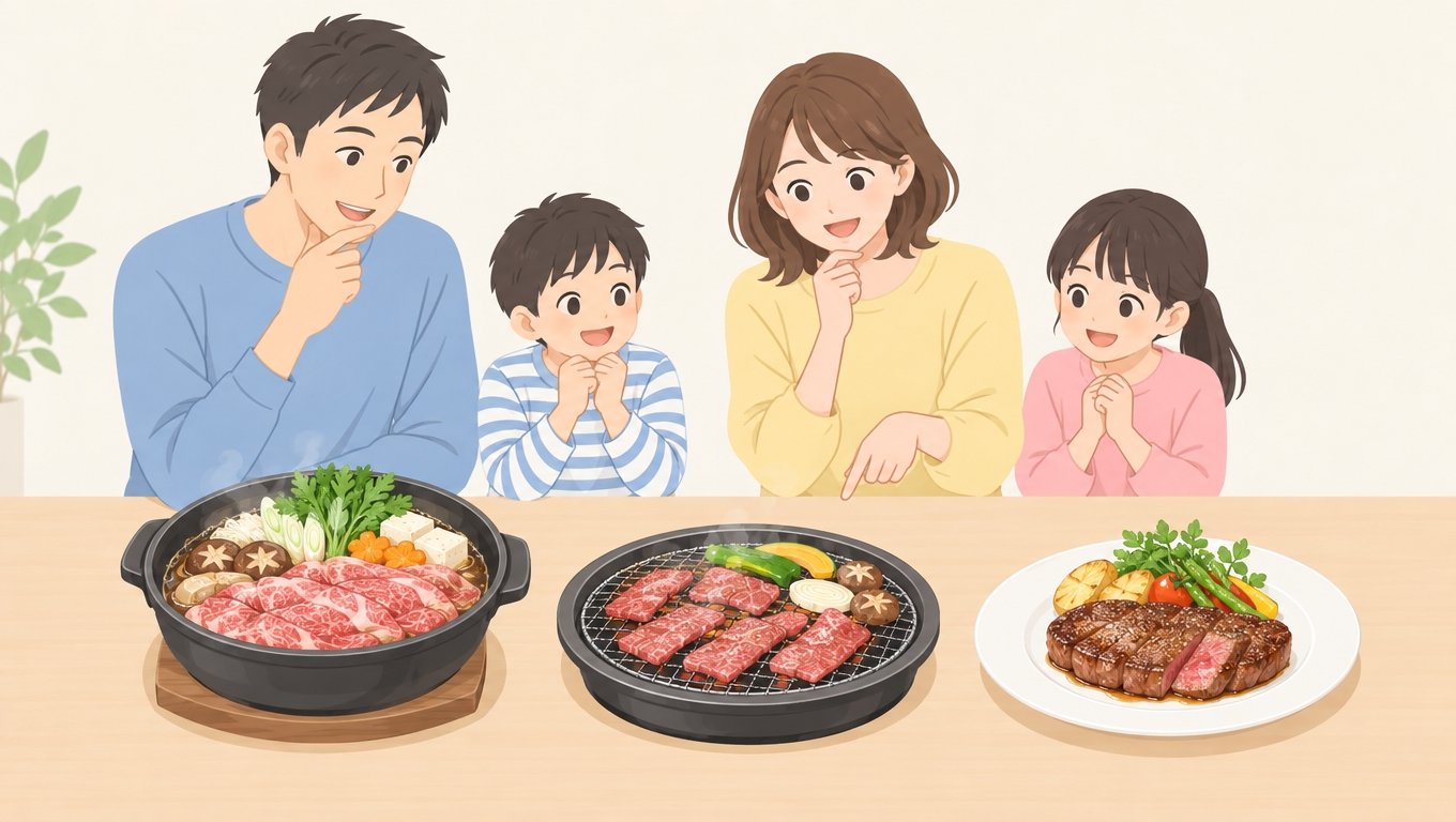 料理に合わせて和牛の部位を選ぶ家族