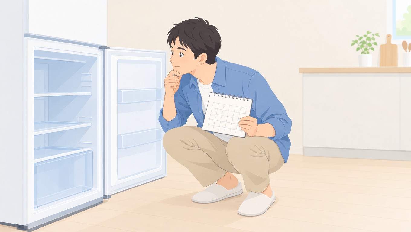 返礼品の配送時期と冷凍庫の空きを確認する男性